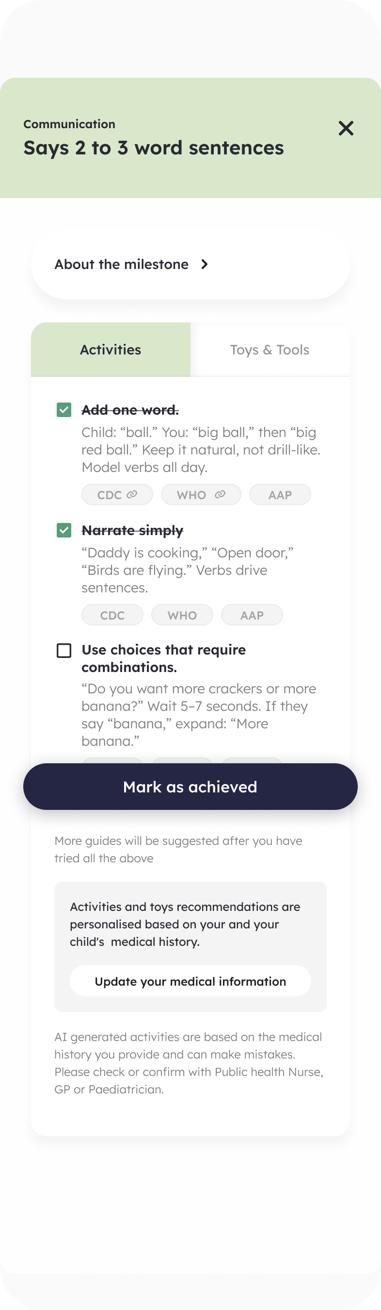 Minimiles app preview showing completed and suggested communication activities, source links and the “Mark as achieved” action. The screenshot is not interactive.