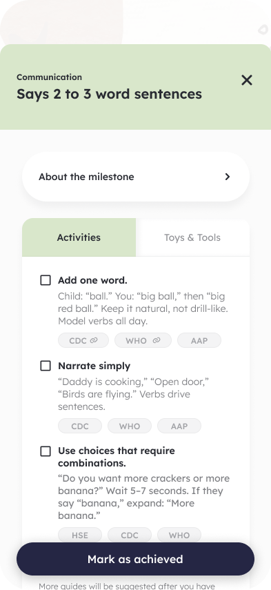 Minimiles app preview showing activities for “Says 2 to 3 word sentences,” source links and the “Mark as achieved” action. The screenshot is not interactive.